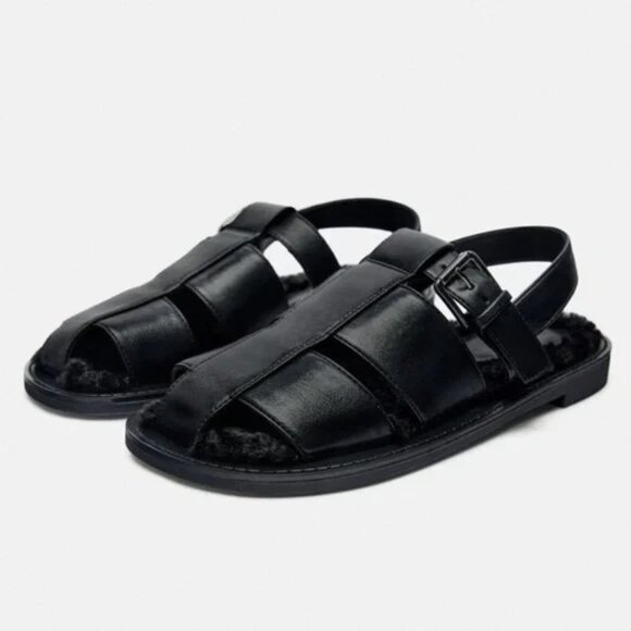 New ZARA Faux Fur Lined Cage Sandals Black Leather Fisherman Women's Size 6.5 37 - Picture 11 of 14